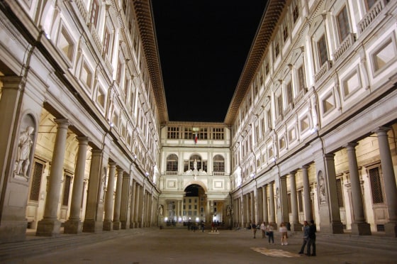 The courtyard of Florence's Uffizi Gallery is worth a visit in the evening, but be prepared for disruptions at the museum due to a massive renovation project. 